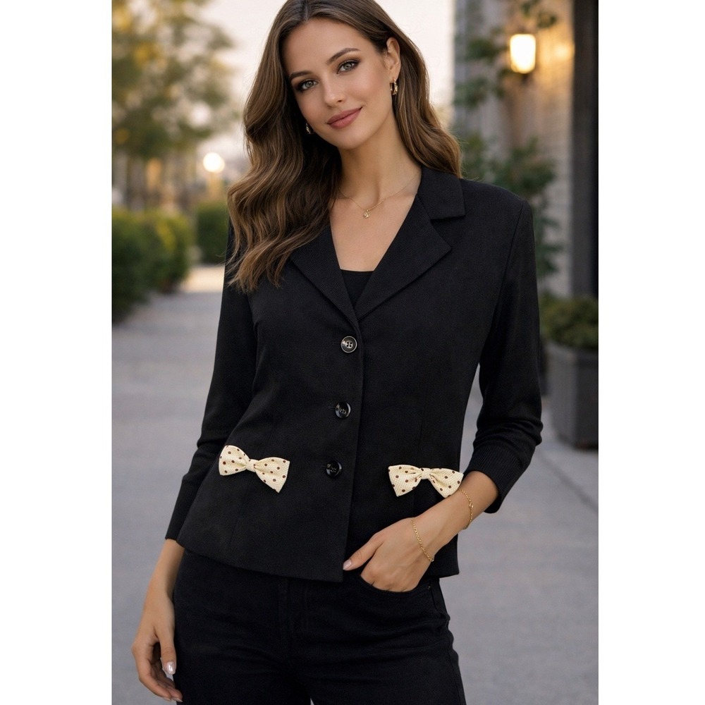 Suits Us Black Blazer Jacket with‎ Polka Dot Bow Accents Size 13/14 Womens
